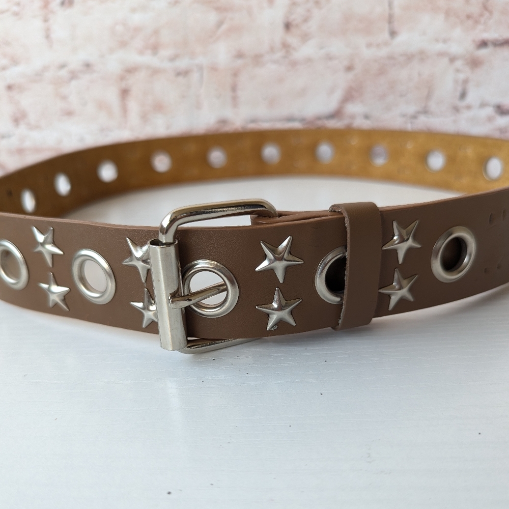 Tan and Silver Star Studs Bohemian Leather Women's Belt - Picture 5 of 10